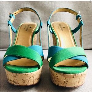 Kate Spade retro-inspired platform cork wedge blue green grosgrain heels 8.5